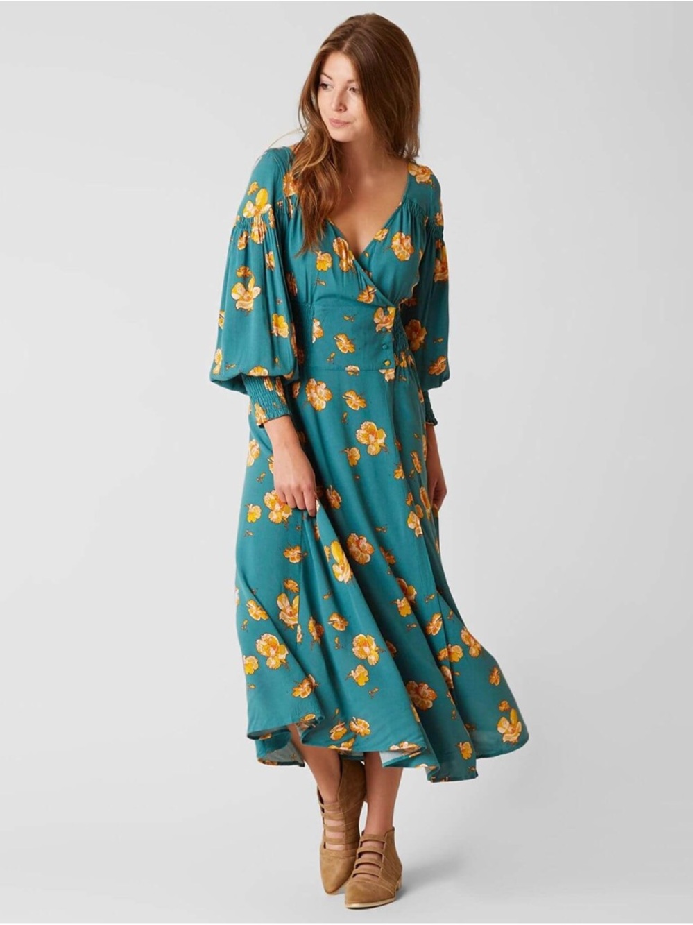 Free People So Sweetly Floral Midi Dress Teal Boho Cottagecore S Seen on TV